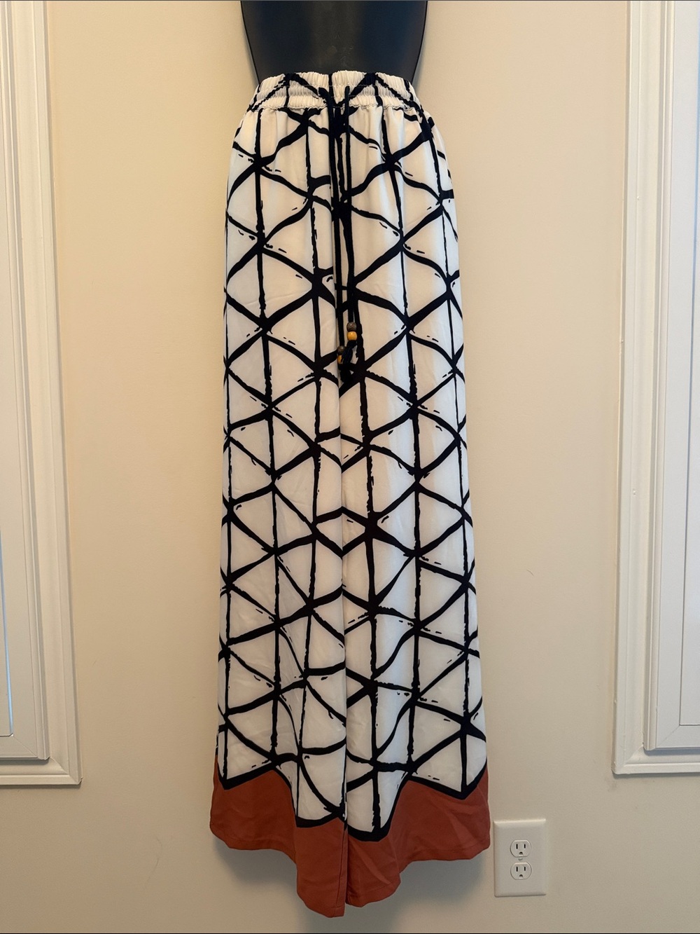 Black & White Geometric Maxi Pants with Rust Hem